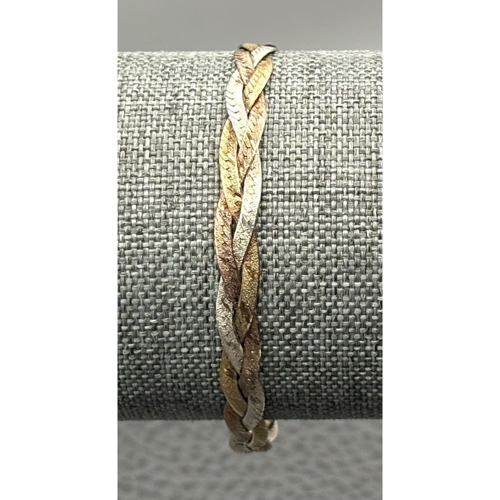 VINTAGE TRI COLORED STERLING SILVER ITALY 7" 3 STRAND WEAVE BRACELET 925